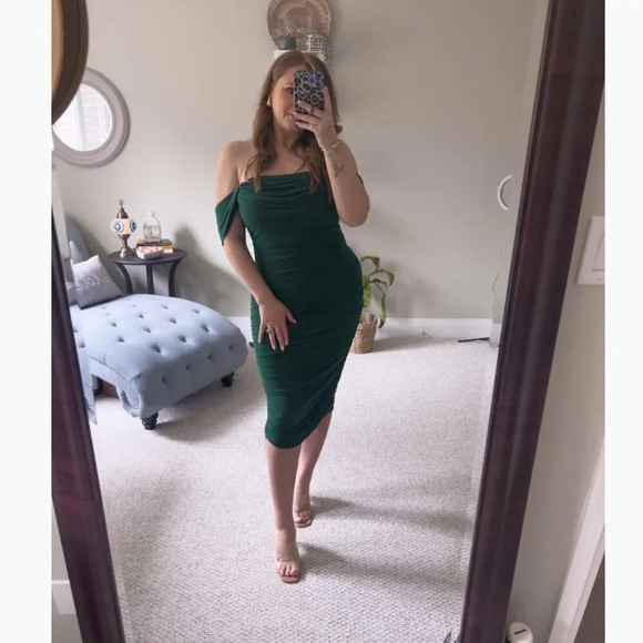 Pretty Garden Ruched Off Shoulder Midi Dress Olive Green  Size Medium - Picture 6 of 6